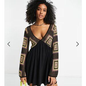 Asos Design Crochet Babydoll Bell Sleeve Dress Festival Hippie Boho Beach Size 8